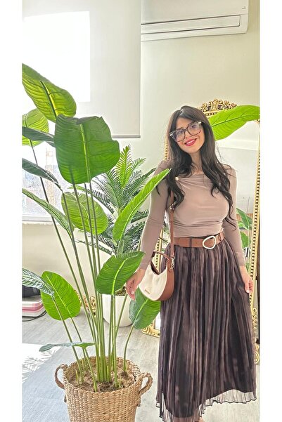 modadagiyim Γυναικεία φούστα μίντι σιφόν με καρό σχέδιο με εφέ ζαρωμένης επέν...