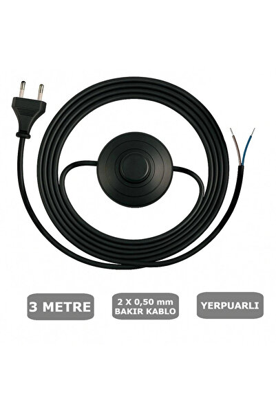 CONANA Fişli Yerpuarlı Kablo (Yassı)- Anahtarlı (2X0,50) Siyah - 3 Metre