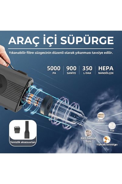 Enshall 12000mAh Çantalı Fenerli Süpürge ve Powerbank Özellikli Akü Takviyeli Araç Lastik Kompresörü