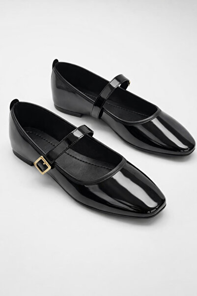 StWenn Pantofi de balet pentru femei din piele lacuita, negru, cu catarama au...