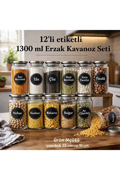 Pembelia Life 12 Adet 1300 ml Vakumlu Metal Kapaklı Etiketli Cam Bakliyat Erzak Saklama Kavanoz Saklama Kabı