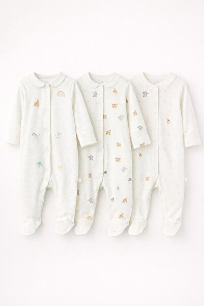 Next Baby Cotton White Animal 3-Piece Jumpsuit Set