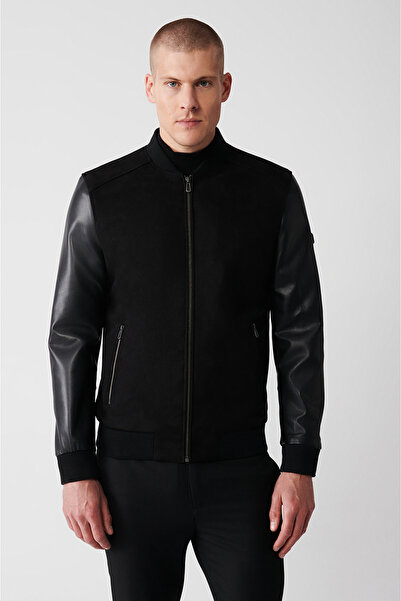 Avva Men's Black Bomber Collar Ribbed Suede-leather Look Coat A32y6036