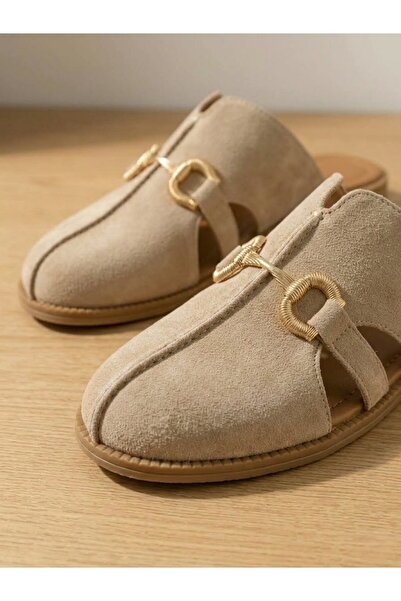 Deripabuc Γυναικείες δερμάτινες παντόφλες από γνήσιο δέρμα μπεζ σουέντ DP81-0823