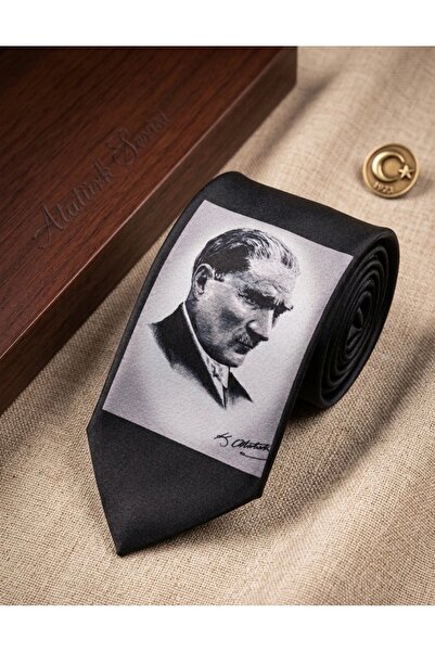 Mavi Masal Ataturk Portrait Signed Satin Men's Tie/Scarf
