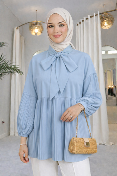 bellura Bağcıklı Kolları ve Eteği Pliseli Tunik