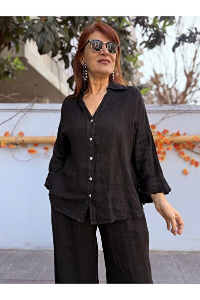 DenizEge Ιταλικό λινό πουκάμισο με λεπτομέρεια στην πλάτη, μαύρο