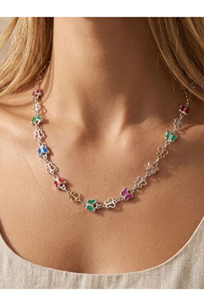 TrendimAksesuar Kelebekli Minimal Gümüş Renginde Çelik Kolye