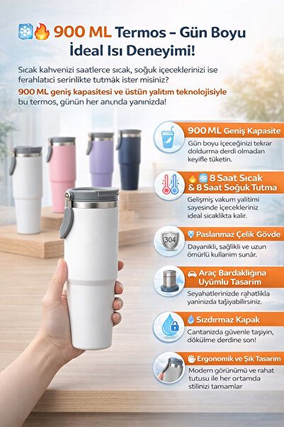 Blooming Plus 900 ML Termos – 8 Saat Sıcak & Soğuk Tutan, Paslanmaz Çelik, Ar...