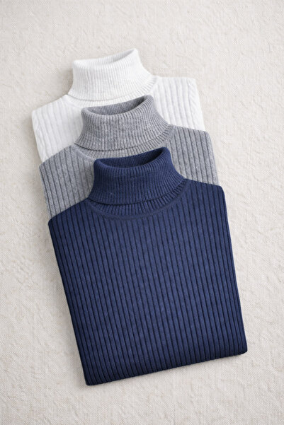 SKYBEAR Siyah Beyaz Bej 3lü Erkek Kışlık Balıkçı Yaka Triko Kazak Örme Boğazl...