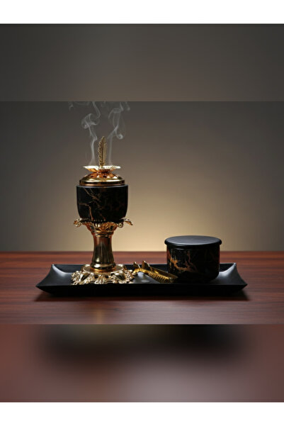 Layansaa Lüks Gold Detaylı Mermer Desenli Buhurdanlık Seti | Altın Renk Ayakl...