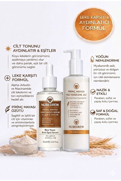 NUBEDREW Pirinç Mayası Serum + Yüz Temizleme Jeli 2’li Set | Leke Karşıtı, Ci...
