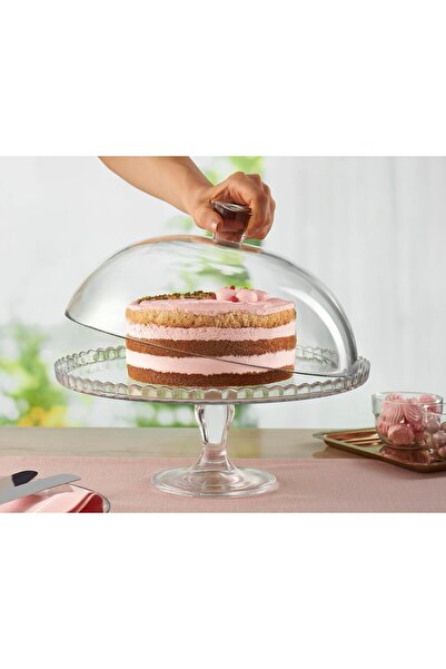 Paşabahçe Pasabahce Cam Pasta Standı Servis Tabağı Kubbe Kapaklı 32x26 cm