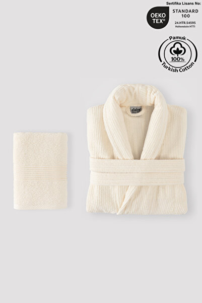 Ellaline طقم روب حمام مخطط 100% قطن معتمد من قطعتين، طقم روب حمام وفوط رأس كريمي