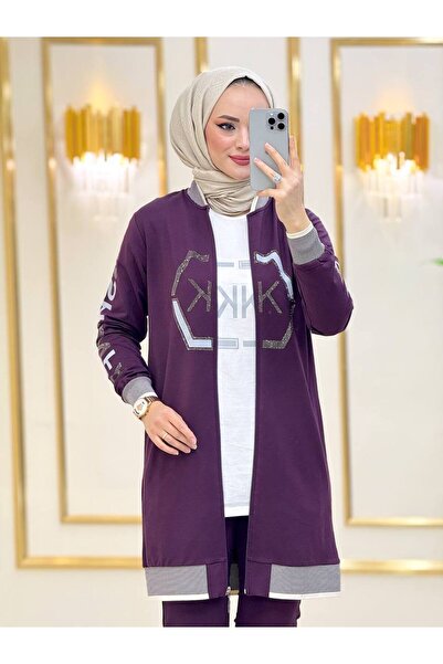 moda4b بدلة حجاب نسائية 3 قطع قماش خيطين n-05113 _ بنفسجي
