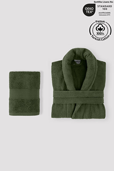 Ellaline طقم روب حمام مخطط 100% قطن معتمد من قطعتين، طقم روب حمام وفوط رأس با...