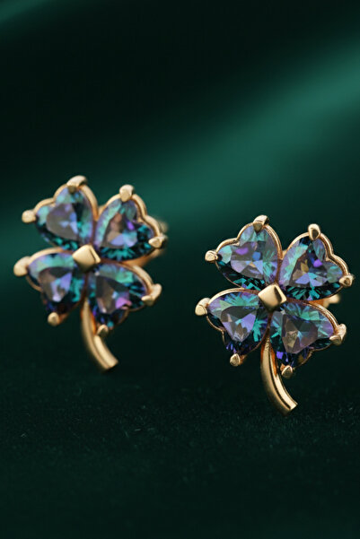 NorthAegean 925 Ayar Gümüş Mistik Topaz Taşlı Yonca Küpe – Gold Kaplama | Şan...