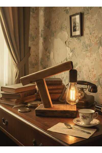 Yediotuz WoodyLight Rustik El Yapımı Masif Ahşap Masa Lambası - Retro Edison ...