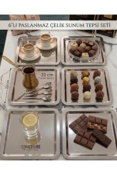 MGEStore 6'Lı Gümüş Kare Paslanmaz Çelik Çay, Kahve Dekoratif Sunum, Servis T...