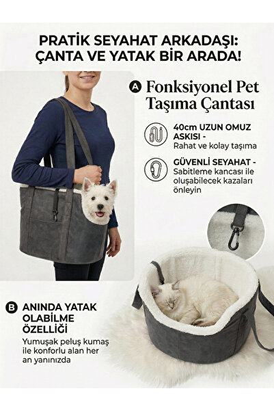 Patiderm Milano Kedi Köpek El Omuz Taşıma Çantası, Evcil Hayvan El Omuz Seyahat Çantası - Gri