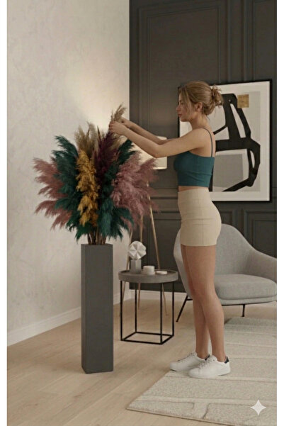 Krb Ahsap Antrasit Gri Ahşap Pampas Vazosu - 50 cm Pampaslar Dahil Değildir