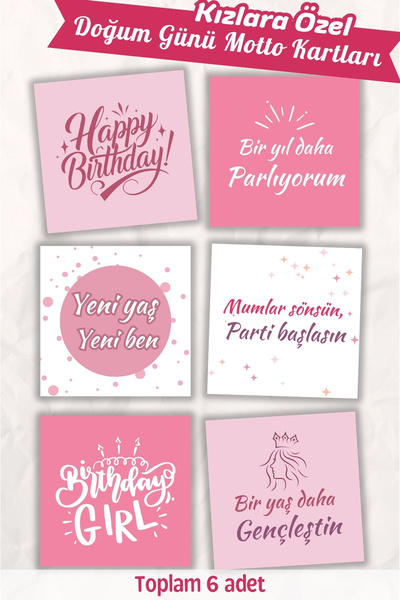 Metranya Doğum Günü Partisi - Motto Kartları 6 Adet Happy Birthday Konsepti A...