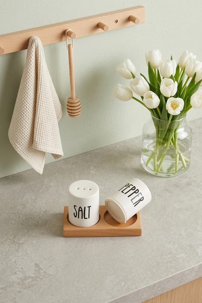 AzzaWood Printed Ceramic Salt and Pepper Shaker Set - Matte White - with Natural Wooden Stand