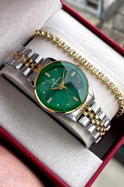 Daniel Klein %100 Orijinal Altın Gümüş Renk Yeşil Kadran Paslanmaz Çelik Kord...