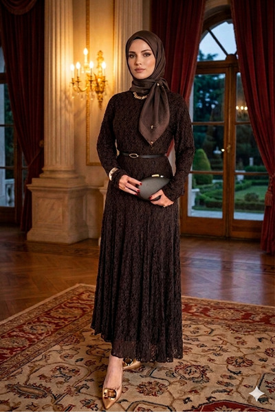 ARICA GİYİM Dantelli Elbise Kahverengi