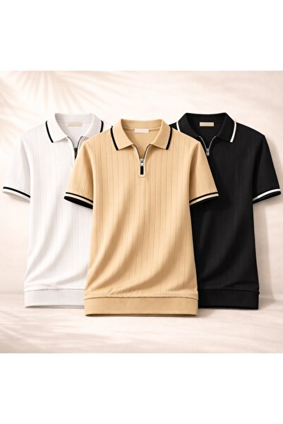 OTAKU Ανδρικό μοντέρνο πλεκτό μπλουζάκι με φερμουάρ και λαιμόκοψη πόλο, σετ 3...