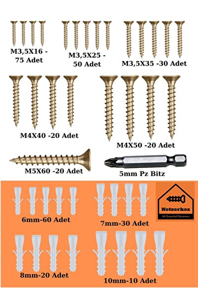 Netzerkoz 315 Parça 12 Çeşit Vida Seti, Dübelli Sunta Vidası Seti,matkap Ucu ...