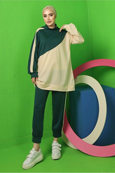 TRENDTESETTÜR KADIN YEŞİL (ZÜMRÜT) RENK BLOKLU PANTOLONLU EŞOFMAN TAKIM T 3043