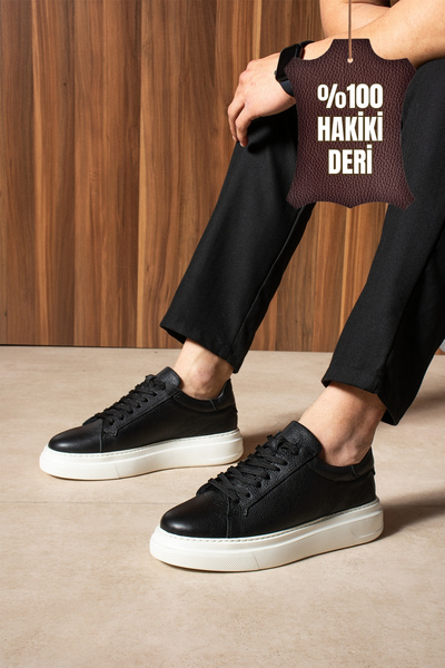VELTOR Hakiki Deri Siyah Erkek Beyaz Tabanlı Bağcıklı Casual Sneaker