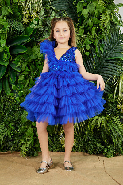 zühre balaban Kız Çocuk Abiye Elbise Saks Mavisi Kısa Omuzu Tüylü