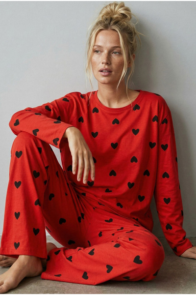 Siyah İnci Pomegranate Flower Black Heart Printed Knitted Cotton Pajama Set7613