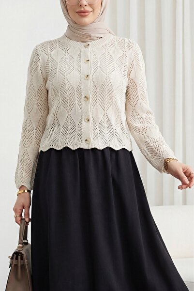 Modamorfo Yaprak Patterned Lace-Like Knit Knitwear Cardigan -Stone