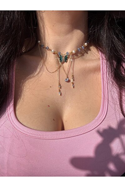 Reorah Collection Fairy Silvermist Choker Kolye-Lacivert Kelebekli Boncuklu İ...