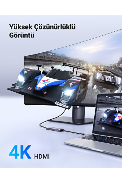 Ugreen 5'i 1 Arada USB-C 100W PD 4K HDMI Hub Çoklayıcı, Gri, 15596
