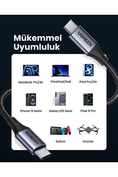 Ugreen USB-C 240W Örgülü Hızlı Şarj Kablosu, 1 m, Siyah, 15311