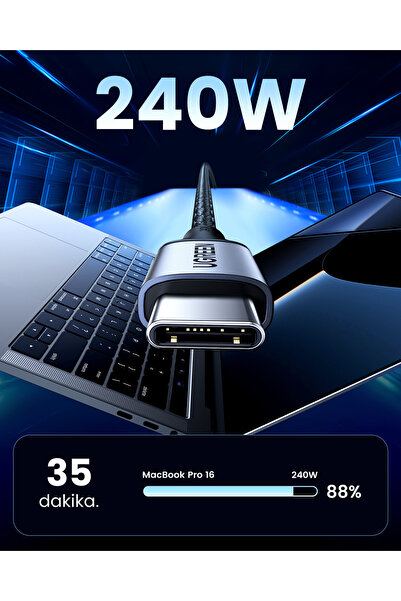 Ugreen USB-C 240W Örgülü Hızlı Şarj Kablosu, 1 m, Siyah, 15311