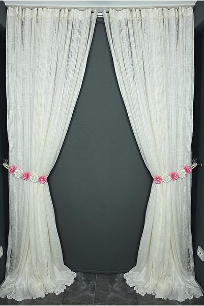 AKÇA TEKSTİL Checkered Model Cream Color Single Wing Ready-Made Pleated Backg...