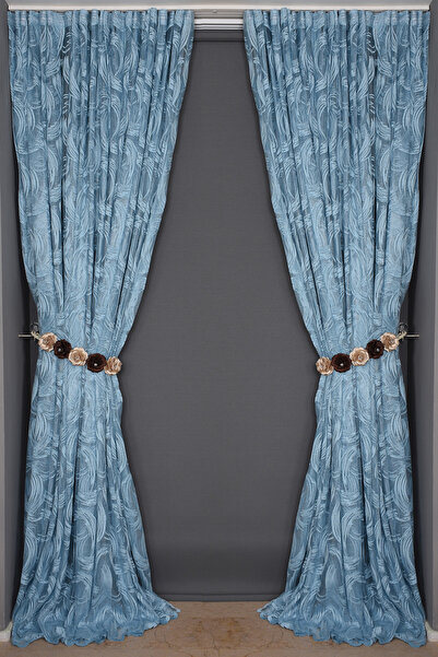 AKÇA TEKSTİL KILINÇ MODEL ΜΠΛΕ ΧΡΩΜΑ ΜΟΝΟΦΥΛΑΚΤΗ Προκατασκευασμένη Πλισέ Κουρ...