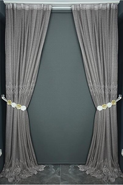 AKÇA TEKSTİL Belted Model Sand Color Single Wing Ready-Made Pleated Backgroun...