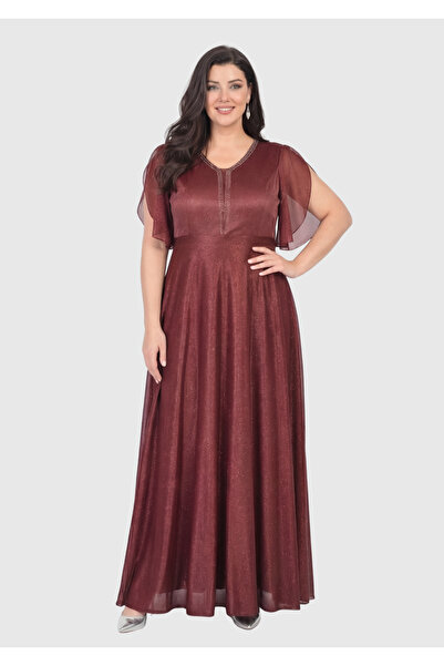 LİLAS XXL Büyük Beden Bordo Renkli Simli Uzun Abiye Elbise