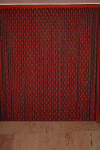 AKÇA TEKSTİL KALPLİ MODEL KIRMIZI RENK İP PERDE HAZIR İP PERDE 300*270