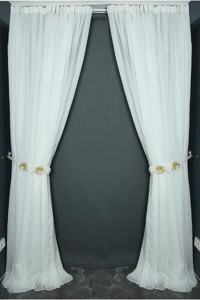 AKÇA TEKSTİL ستارة جاهزة للتركيب من الكتان بلون أبيض فاتح بتصميم مطوي مقاس 30...