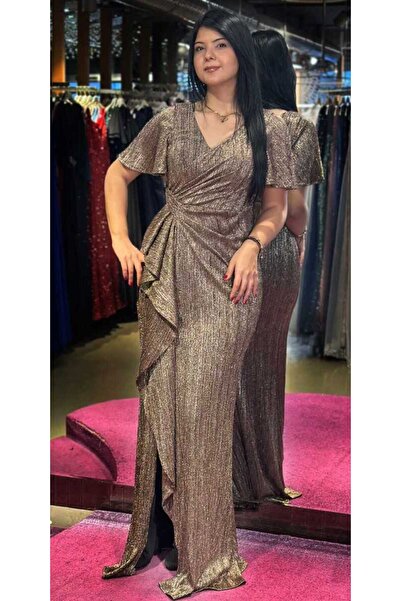 Abiyeniall Kahverengi Kısa Kollu Yırtmaçlı Düz Kesim Simli Uzun Abiye Elbise ...