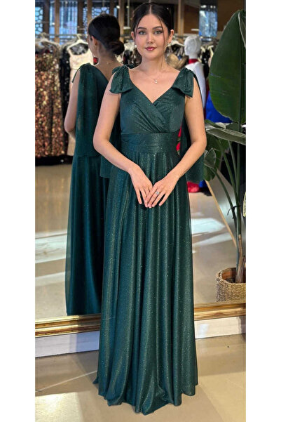 Abiyeniall Yeşil V Yaka Kalın Askı Düz Kesim Simli Uzun Abiye Elbise 7557