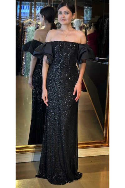 Abiyeniall Siyah Balon Kollu Madonna Yaka Düz Kesim Payet Uzun Abiye Elbise 1...