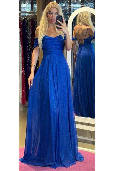 Abiyeniall Saks İp Askılı Sırt Dekolteli Kloş Etekli Simli Kumaş Uzun Abiye E...